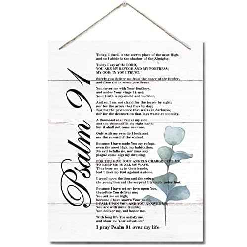 Psalms 91 Christian Inspirational Quote Decor Sign, Spiritual Wall Decor Sign, Hanging Printed Wall Plaque Wood Signs, Christian Bible Quote Print Biblical Verses Scripture Baptism Gift 10X7.8inch