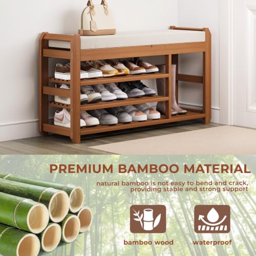39.4-Inch Entryway Shoe Rack Bench with Adjustable Shelves and Cushioned Seat - Natural Bamboo