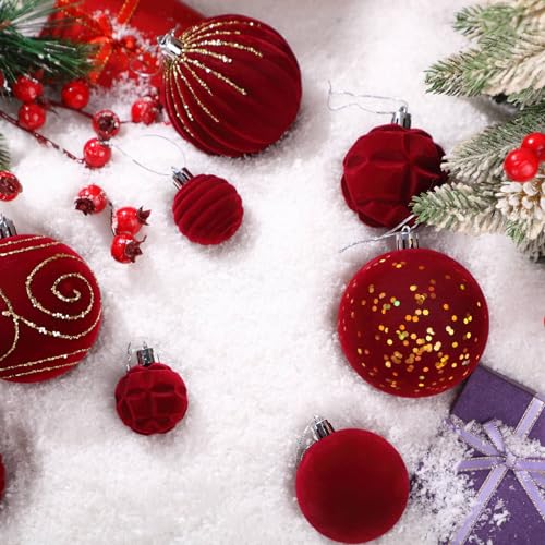Suzile Red Velvet Christmas Tree Ornaments Set - 18 Pcs Flocked Holiday Decorations