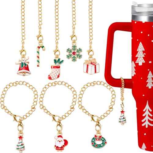 8 Set Tumbler Charms Christmas Themed Cup Charms Accessories Wreath Bells Santa Christmas Tree Candy Bar Handle Charm for Mugs Cup Compatible with 20 30 40 oz Tumblers