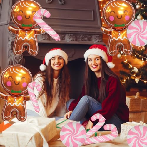 Pink 32in Gingerbread & Candy Cane Foil Balloons Party Decorations (Set of 9) - Wclliuchi