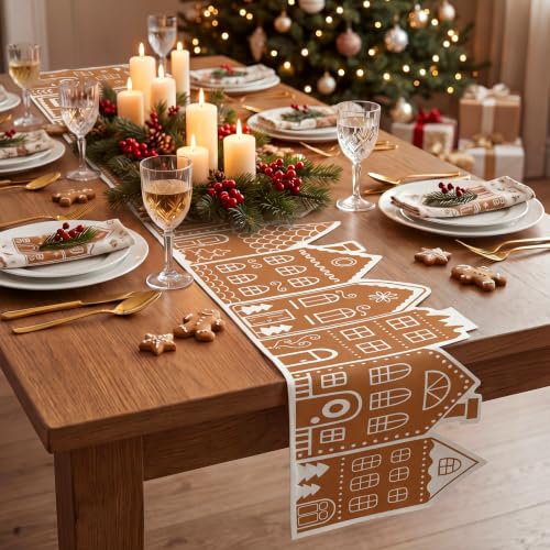 Gingerbread House Table Runner 13 x 72 in - Waterproof Cotton Linen Holiday Decor