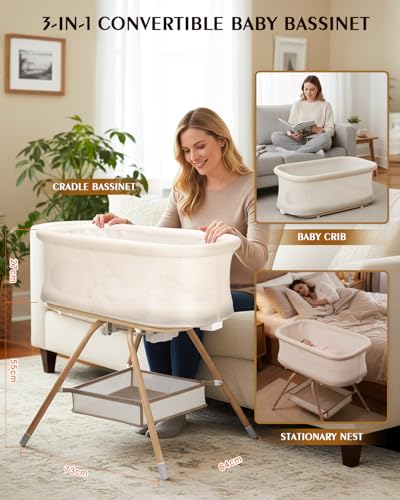 3-in-1 Baby Bassinet Bedside Sleeper with Mesh, Soft Mattress & Storage Basket - Beige