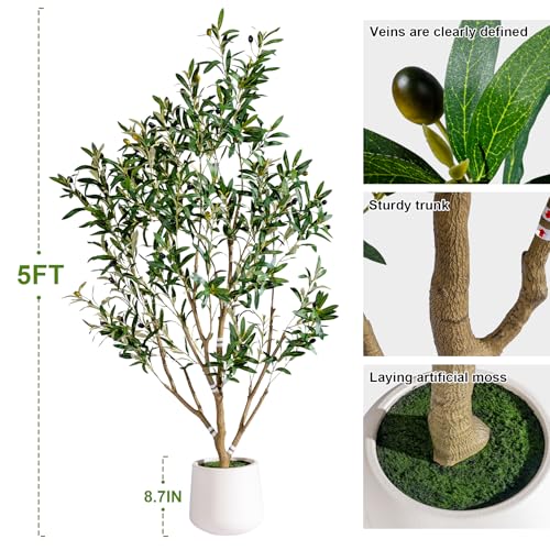 5ft Faux Olive Tree with White Pot & Moss - Indoor Outdoor Artificial Plants