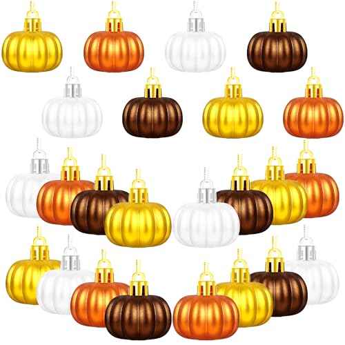 24Pcs Hanging Thanksgiving Ornaments for Tree, 4 Colors Pumpkin Decor, Mini Thanksgiving Ornament for Fall Tree Decorations Harvest Farmhouse Hanging Ball Supplies Autumn Decor
