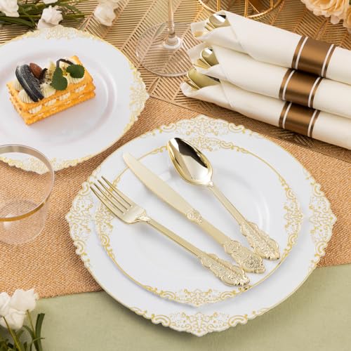 Gold Plastic Silverware Set with 100 Pre-Rolled Napkins - Vintage Design, Heavy Duty, Disposable for Parties & Weddings - Gold / 100