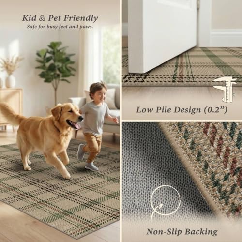 Outdoor Jute Plaid Rug 5x7 - Beige & Sage Green Tartan, Washable, Low-Pile