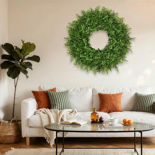 JDKPK 26 Inch Green Boxwoods Wreath for Front Door - Artificial Outdoor & Indoor Greenery, Farmhouse Decor
