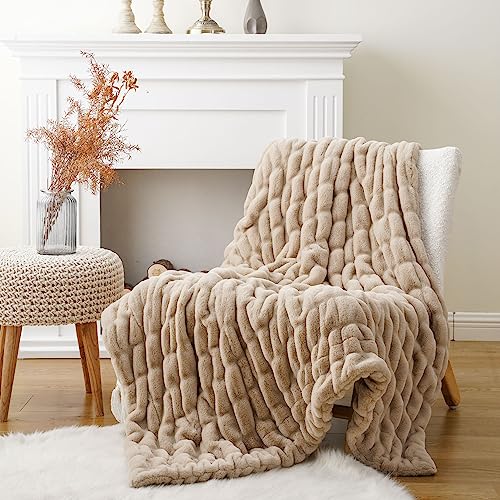Soft Faux Fur Throw Blanket - Double Side, 50x60 Inches, Beige - Cozy Couch & Bed Decor