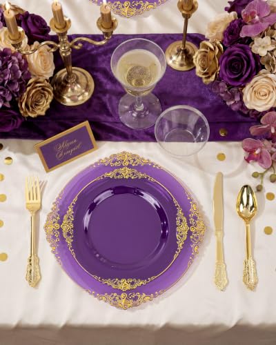 Purple Plastic Dinnerware Set for 25 Guests - 175 Pcs Clear & Gilded