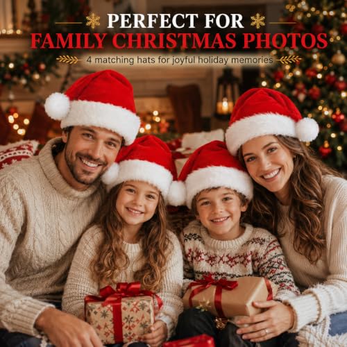 COOLJOY 4 Pack Plush Santa Hats - Adult & Kids Christmas Party Hats