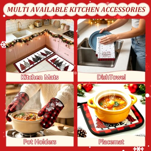 ZYQEXA 10-Piece Christmas Kitchen Decor Set with Snowman Oven Mitts & Tree Pot Holders - Red & Black Variant