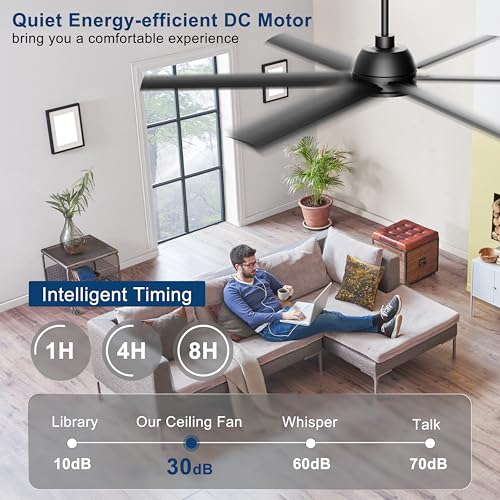 Phylluz 65 Inch Black Ceiling Fan with Lights Remote & App Control - Indoor & Covered Outdoor Patio, Dimming, 6-Speed