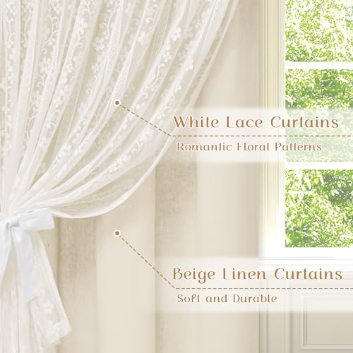 Light Filtering Linen Curtains for Bedroom & Living Room - Beige 52W x 84L, 2 Panels, Double Layer Boho Farmhouse Style - Variation of Light Filtering Beige 52W x 84L