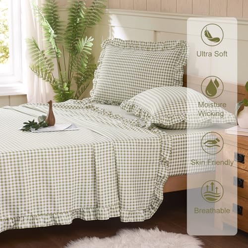 Kisswish Sage Green Gingham Queen Bed Sheet Set with Ruffle Edges, Microfiber, Deep Pocket