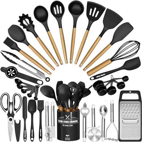 Silicone Kitchen Utensil Set with Holder - 34PCS Cooking Tools - Black