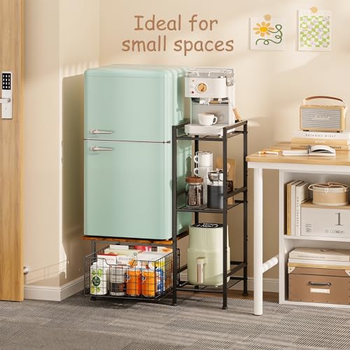 Mini Fridge Stand with Drawer and Storage, Rustic Kitchen Organizer