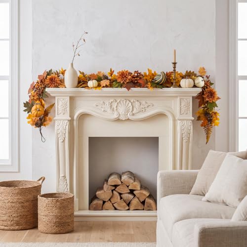 Fall Garland with Pumpkins, Berries & Pine Cones - Style 1, 6 Ft Autumn Decor