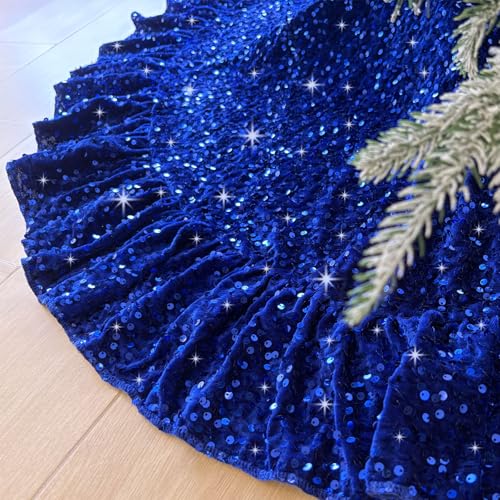 SOMUAUY Royal Blue Velvet Christmas Tree Skirt 45 Inch Ruffled Holiday Decor