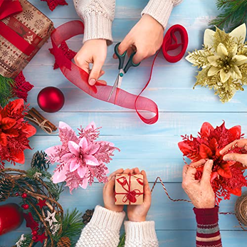 Christmas Poinsettia Artificial Flowers Decorations 5.5" Christmas Tree Wreaths Garland Decoration 12 Pcs Glitter Flowers Picks Decor for Xmas New Year Wedding Party Ornaments (Red Gold)