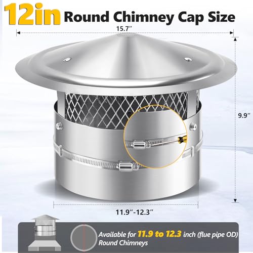 12-Inch Chimney Cap with Screen & Rain Cover, Adjustable Stainless Steel
