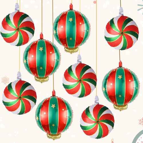 Christmas Foil Balloons, 9PCS Xmas Round Candy Lollipop Foil Balloons and Christmas Hanging Ball Mylar Balloons, Red Green Gold Xmas Sweetland Decorations for New Year Candies Party Decor