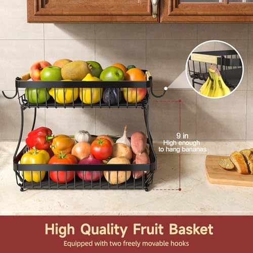 Black 2-Tier Fruit Basket with Banana Hangers, Detachable Metal Bowl