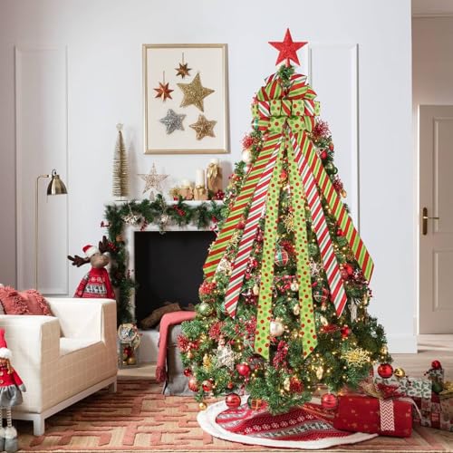 HOHOTIME Christmas Tree Topper Bow Large Green Bow Tree Topper, Polyester with Red and Green Dots and Stripes for Xmas Home Wedding Thanksgiving Indoor Outdoor Decoration 52 "x13.7