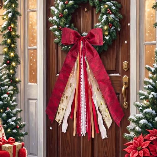 Christmas Red 3 Sash Bow for Wreaths and Decorations 12x25.6 inches - 8 Layers