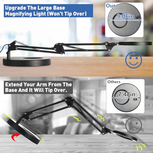 HITTI 10X Magnifying Glass with Light & Clamp, 1800 Lumens Dimmable, Black, 9.06 Inch Base & Swing Arm