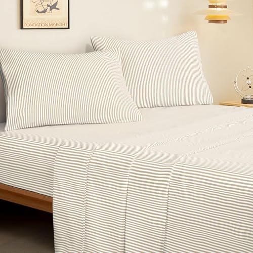 Wake In Cloud Queen Size Striped Bed Sheets Set - Light Brown & White Farmhouse Bedding