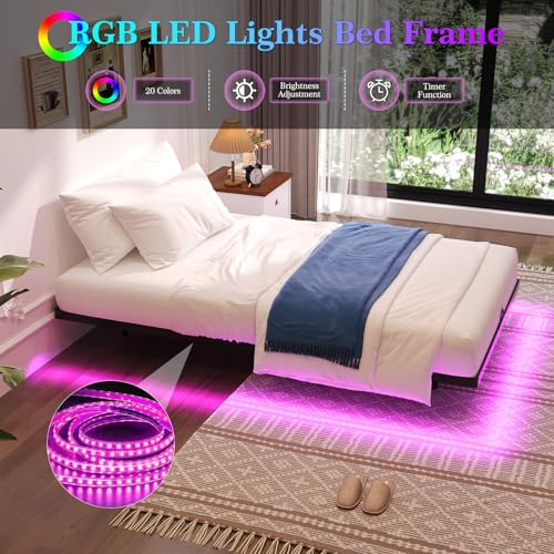 Floating Bed Frame Twin XL with Smart LED Lights - Modern Suspended Design