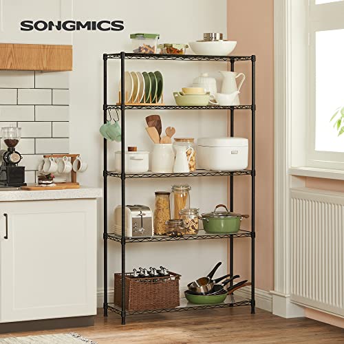 SONGMICS 5-Tier Adjustable Wire Shelving Unit with 8 Hooks, Ink Black