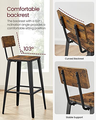 VASAGLE Set of 2 Industrial Rustic Brown and Ink Black Bar Stools 29.7 Inches Tall with Back