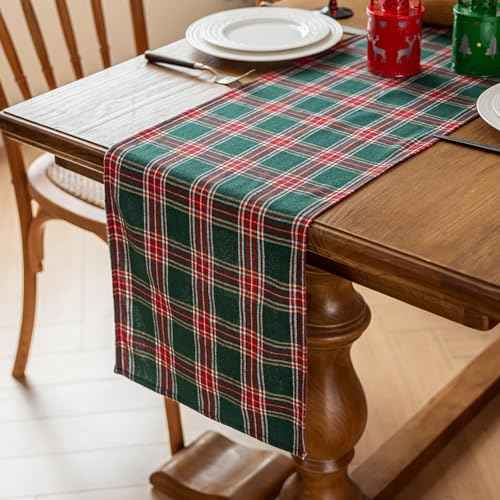 Joyfol Day 13x72 Inch Green Tartan Christmas Table Runner - Stain Resistant & Washable, Holiday Decor for Xmas, New Year's, Winter Dining