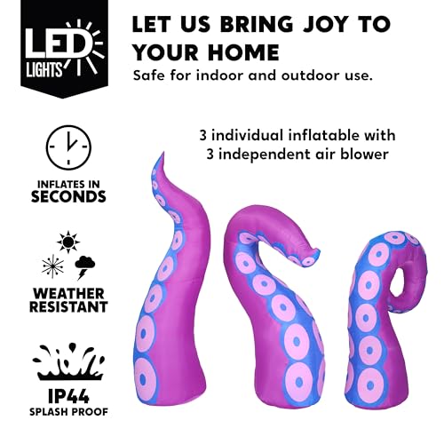 Purple Halloween Inflatable Octopus Tentacle Decoration with LED Lights - 3 Pcs Outdoor Yard Decor