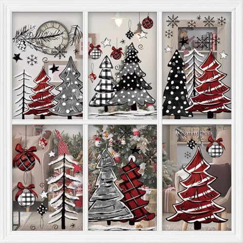 XZENTIRA 165 PCS Christmas Window Clings and Decorations - Black Red Tree Snowflakes Stickers for Home Party Supplies Glass Display - 8 Sheets