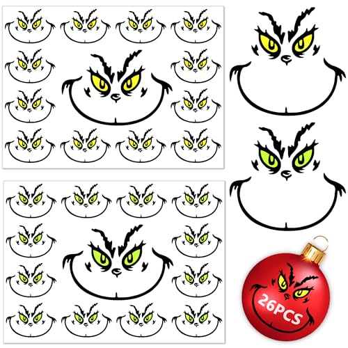 26 PCS Christmas Decorations Stickers, Yellow and Green Eyes Face Decals for Ornaments, Waterproof Vinyl Sticker for The Home, Christmas Balls, Party Supplies, Water Bottles ¡¦
