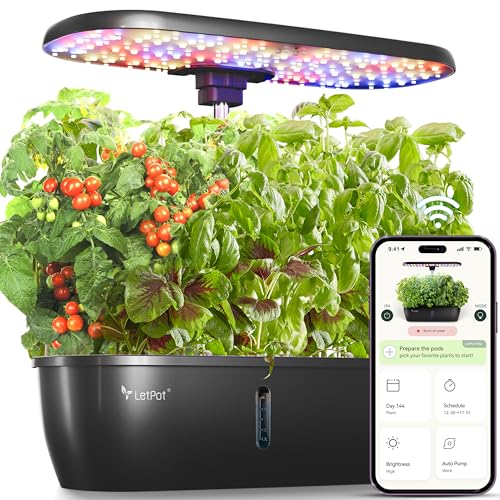 LETPOT Hydroponics Growing System with 12 Pods, App & WiFi Control, 24W LED, Black