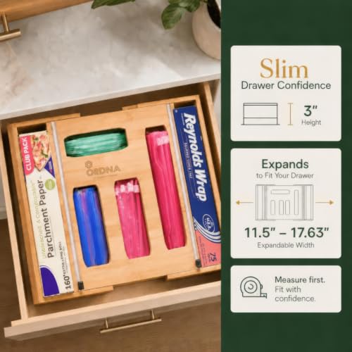 Expandable Bamboo 6-in-1 Kitchen Drawer Organizer for Bags & Wraps