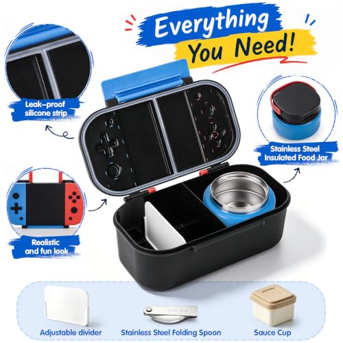 Kids Lunch Box with Thermo Container & Game Design - Blue-Red