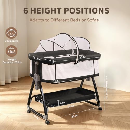 Baby Bassinet 3-in-1 Bedside Crib with Wheels & Mesh Mosquito Net - Black