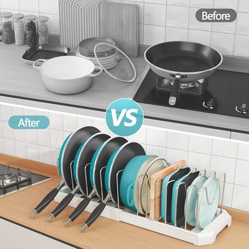 White Expandable Pan Organizer with 12 Adjustable Dividers - Inside Cabinet Storage