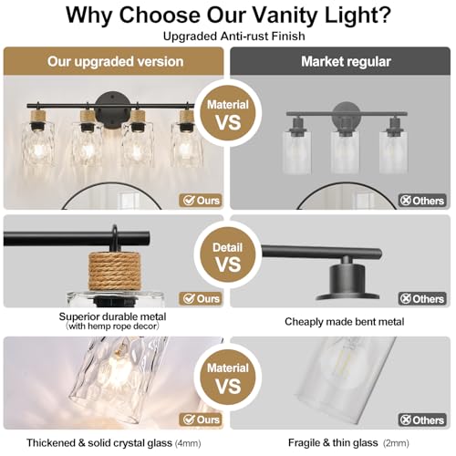 Matte Black Coastal 4-Light Vanity Light with Crystal Glass Shades - MOKATNG