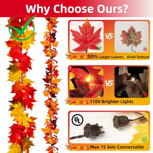 9FT Fall Garland with Lights & Large Maple Leaves - Autumn Decor, Connectable, UL Certified, Indoor & Outdoor Halloween Thanksgiving - Variation of 2