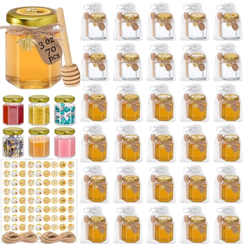 3 Oz Hexagon Honey Jars Set with Dippers and Labels - 70 Pack