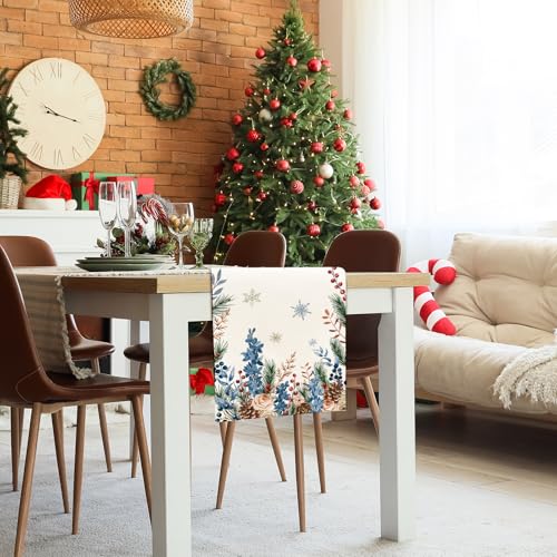 Winter Frosty Roses Table Runner 13x36 in Pine Branch Berry Burlap | Cloudfomila — Christmas Holiday