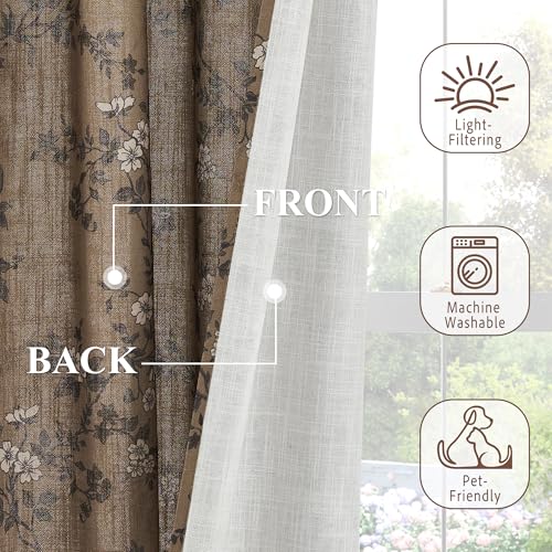 Brown Linen Farmhouse Floral Curtains - 90 Inch, 2 Panels, Khaki Variation