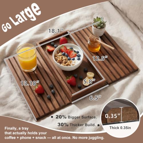 Foldable Bamboo Couch Arm Tray - Dark Brown, Extra Large Storage Shelf