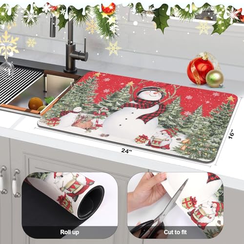 Findosom Red Snowman Christmas Dish Drying Mat 16x24 Inches - Holiday Kitchen Decor